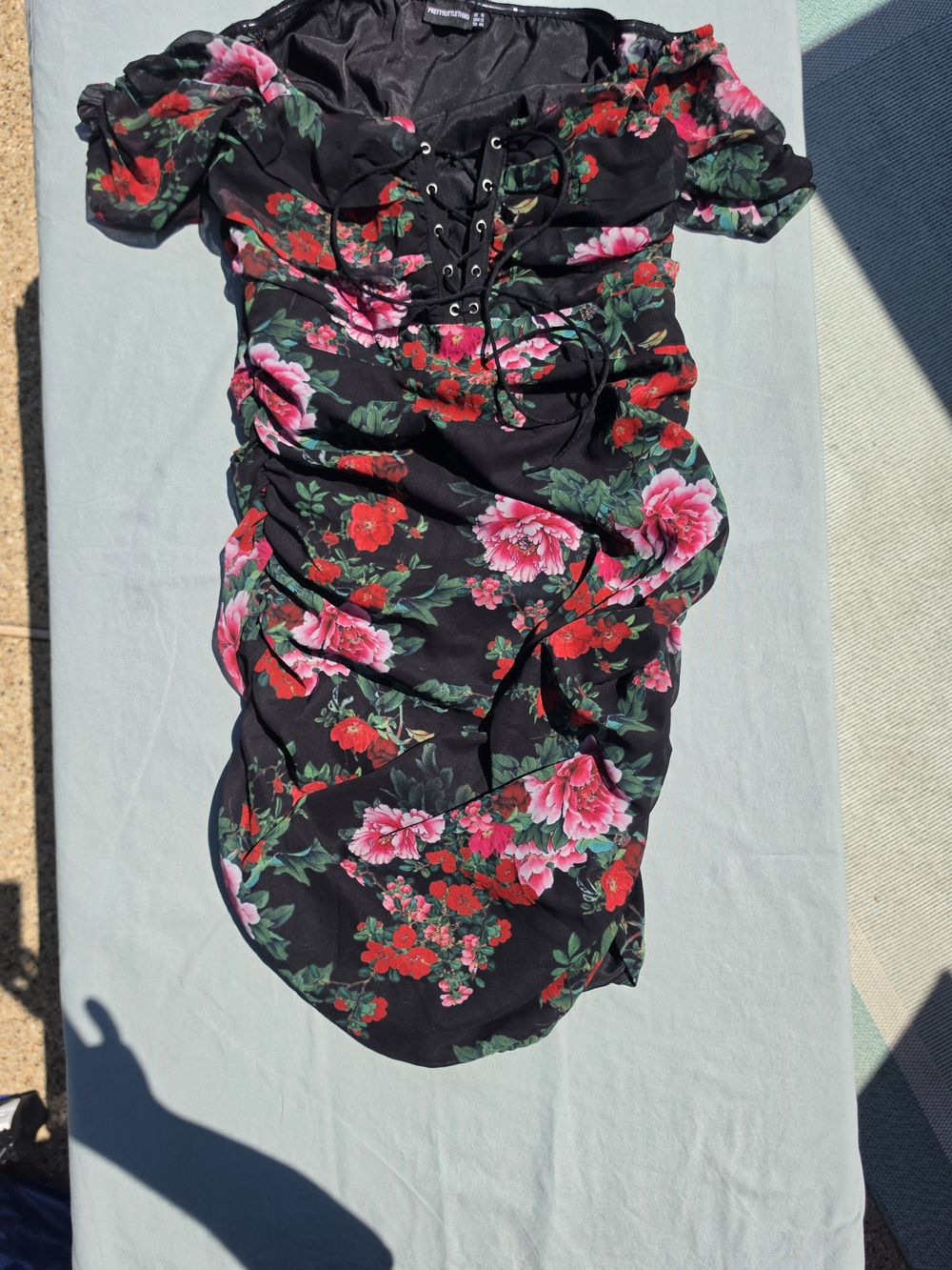 PrettyLittleThing Black Floral Lace-Up Off-Shoulder Dress